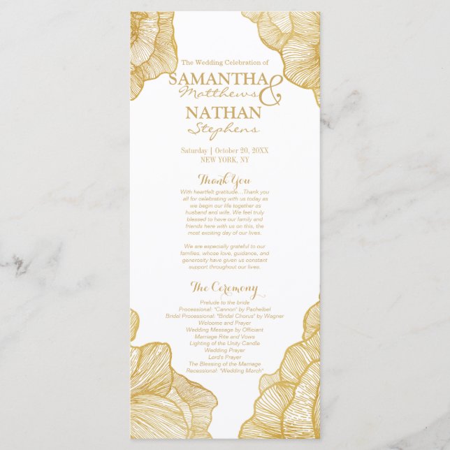 Élégant Simple Gold Floral programmes de mariage (Devant)
