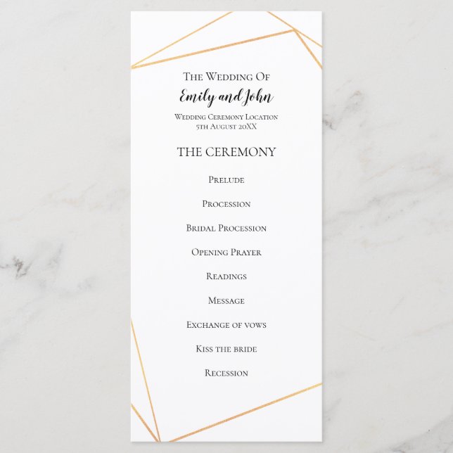 Elegant Simple Gold Geometric LInes Wedding Programm (Vorderseite)