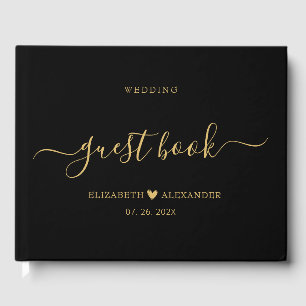 Elegant Simple Gold Script Black Wedding Gästebuch