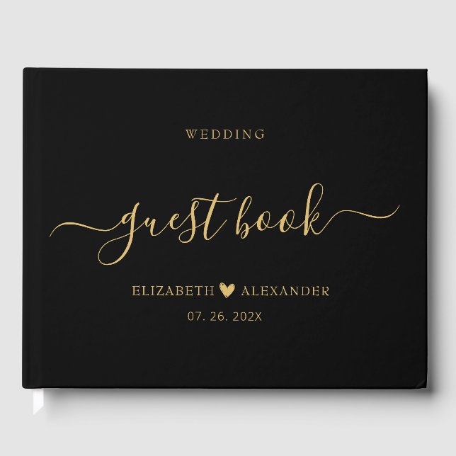 Elegant Simple Gold Script Black Wedding Gästebuch (Vorderseite)