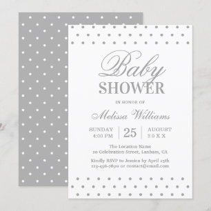 Elegant Simple Gray White Dots Script Baby Dusche Einladung
