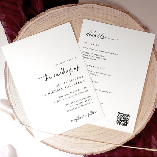 Elegant Simple Handwriting All in One Wedding Einladung (Minimalist all-in-one wedding invitation with modern handwriting script and QR code on back)