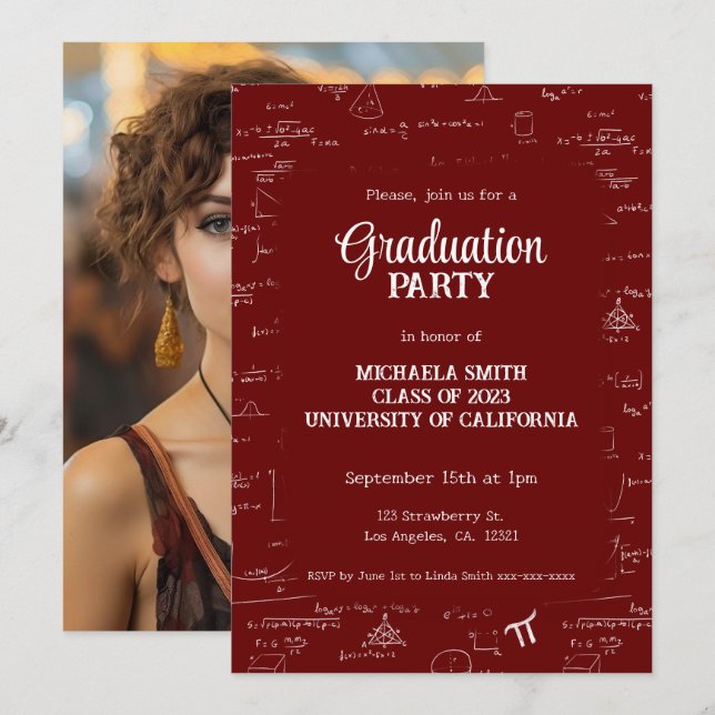 Elegant Simple Maroon Photo Math Graduation Einladung (Vorne/Hinten)