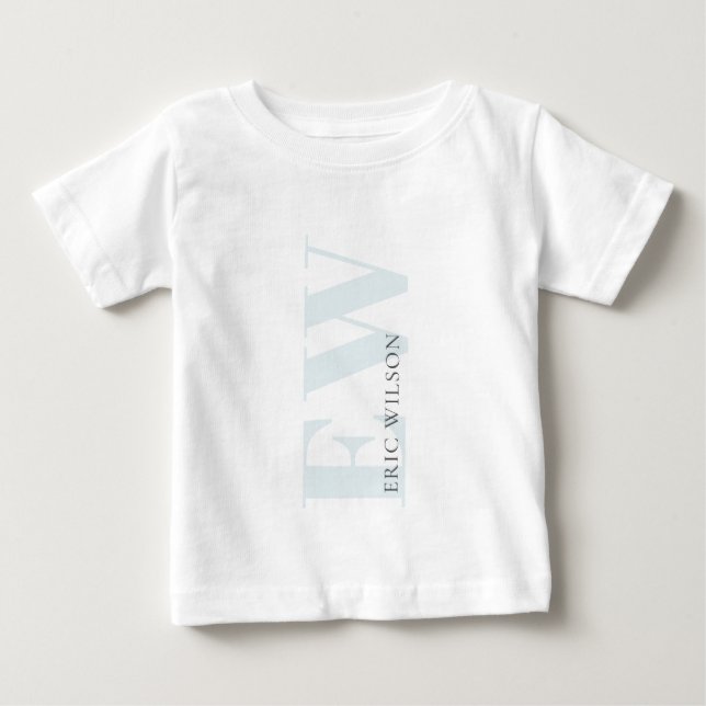 Elegant Simple Minimal Blue Boys Name Monogram Baby T-shirt (Vorderseite)