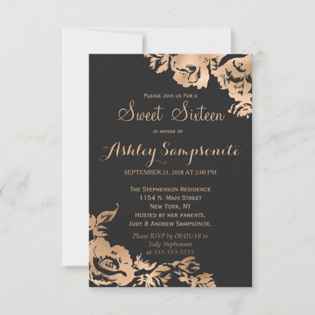 Elegant Simple Modern Gold Black Floral Sweet 16 Einladung (Vorderseite)
