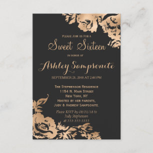 Elegant Simple Modern Gold Black Floral Sweet 16 Einladung