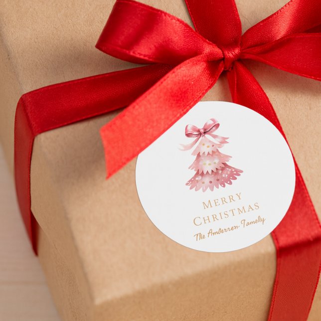 Elegant Simple Modern Pink Christmas Tree  Runder Aufkleber (Von Creator hochgeladen)