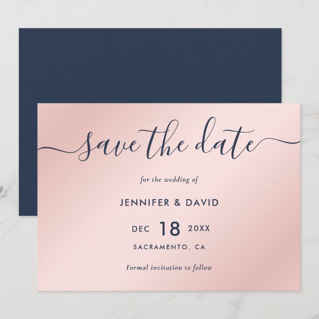 Elegant Simple Navy Blue and Blush Wedding Save The Date (Vorne/Hinten)