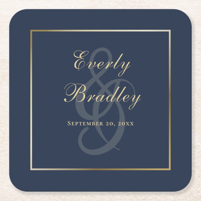 Elegant Simple Navy Blue Gold Border Script Rechteckiger Pappuntersetzer (Vorderseite)