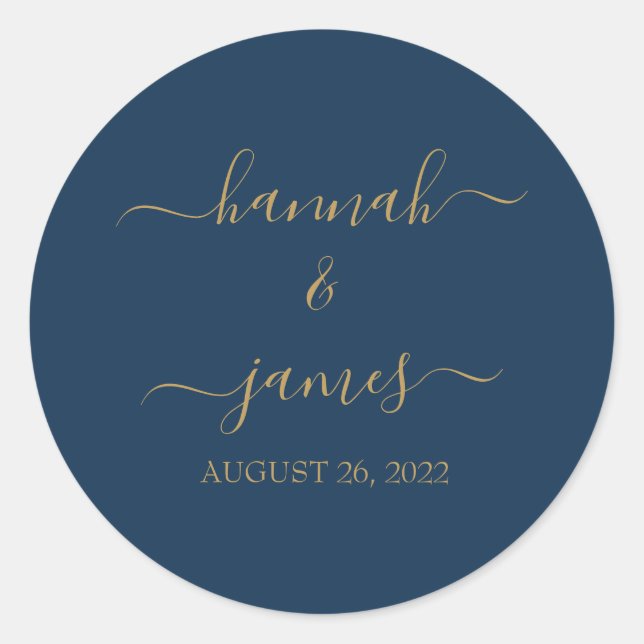 Elegant Simple Navy Blue Gold Calligraphy Wedding Runder Aufkleber (Vorderseite)