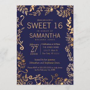 Elegant Simple Navy Blue Gold Floral Sweet 16 Einladung