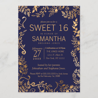 Elegant Simple Navy Blue Gold Floral Sweet 16 Einladung