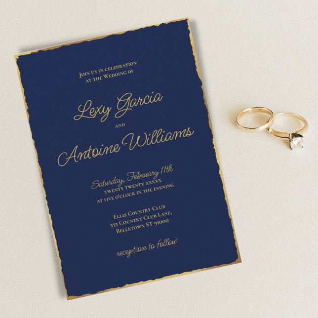 Elegant Simple Navy Blue Luxe Gold Edge Wedding Einladung (Von Creator hochgeladen)