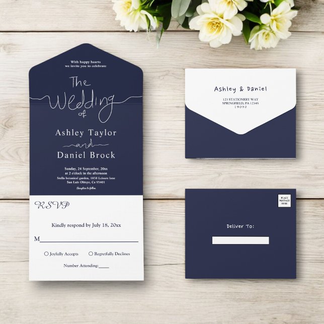 Elegant Simple Navy Blue White Calligraphy Wedding All In One Einladung (Von Creator hochgeladen)
