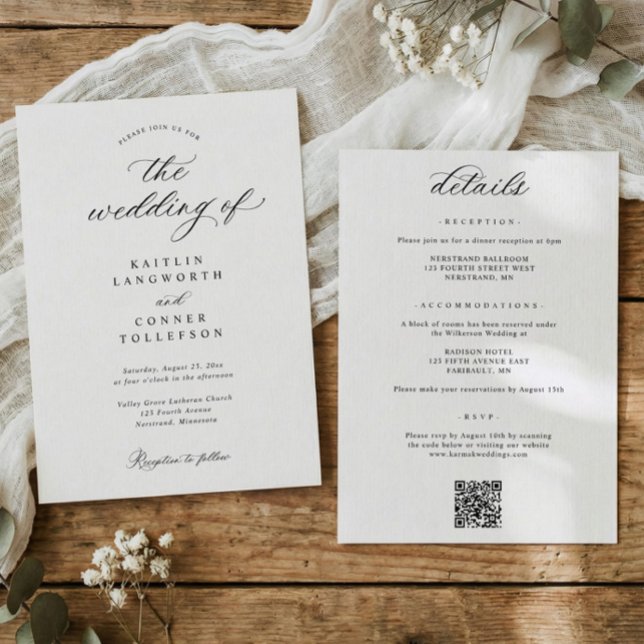 Elegant Simple Old Money All in One Wedding Einladung (Classic black and white all in one wedding invitation with details and QR code on back)