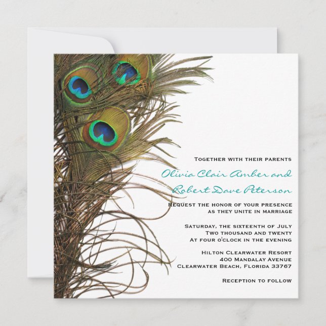 Elegant Simple Peacock Feathers Wedding Einladung (Vorderseite)