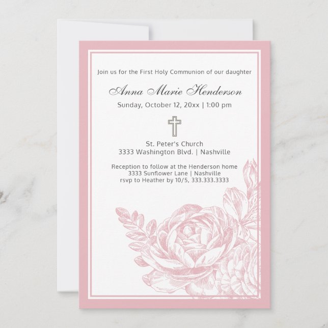 Elegant Simple Pink Floral First Holy Communion Einladung (Vorderseite)