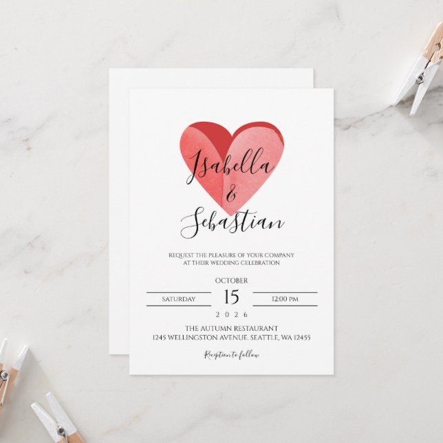 Elegant Simple Pink Heart Wedding Invitation (Devant/Arrière en situation)