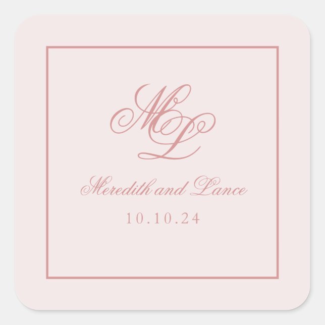 Elegant Simple Pink Monogram Quadratischer Aufkleber (Vorderseite)