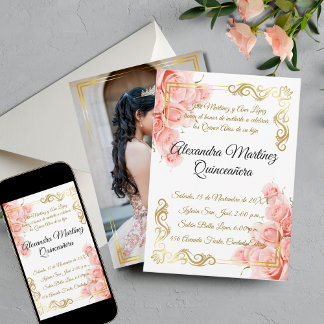 Elegant Simple Pink Rose Gold Floral Quinceñera Einladung