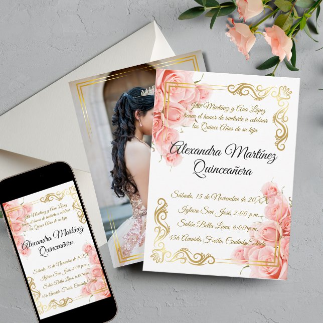 Elegant Simple Pink Rose Gold Floral Quinceñera Einladung (Von Creator hochgeladen)