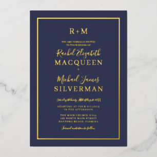 Elegant Simple Real Gold Border Navy Blue Wedding Folieneinladung