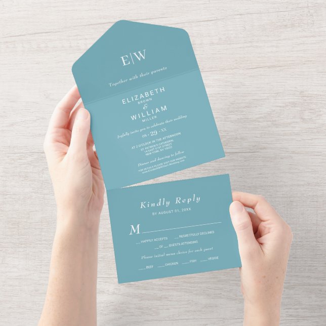 Elegant Simple Retro Blue mit Monogram Wedding All In One Einladung (Abreißen)