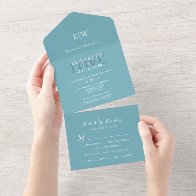 Elegant Simple Retro Blue mit Monogram Wedding All In One Einladung (Abreißen)