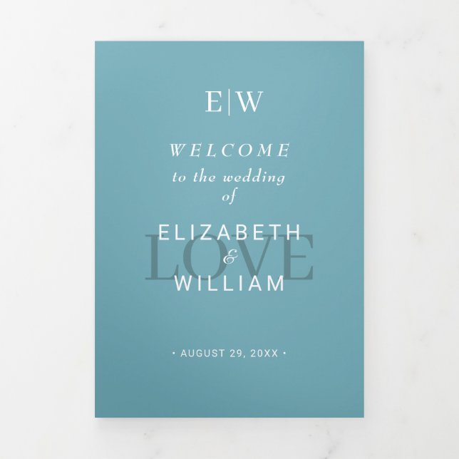 Elegant Simple Retro Blue mit Monogram Wedding Dreifach-gefaltete Programmkarte (Cover)