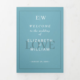 Elegant Simple Retro Blue mit Monogram Wedding Dreifach-gefaltete Programmkarte