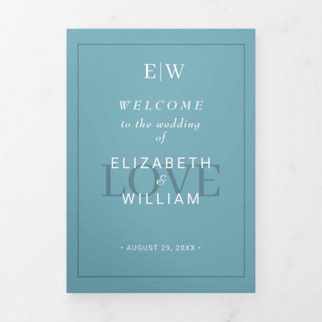 Elegant Simple Retro Blue mit Monogram Wedding Dreifach-gefaltete Programmkarte (Cover)