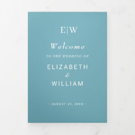 Elegant Simple Retro Blue mit Monogram Wedding Dreifach-gefaltete Programmkarte