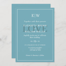 Elegant Simple Retro Blue mit Monogram Wedding Einladung