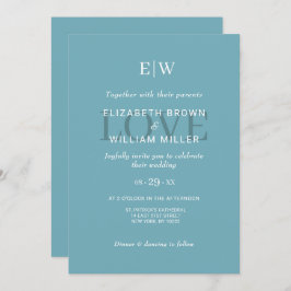 Elegant Simple Retro Blue mit Monogram Wedding Einladung