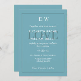 Elegant Simple Retro Blue mit Monogram Wedding Einladung
