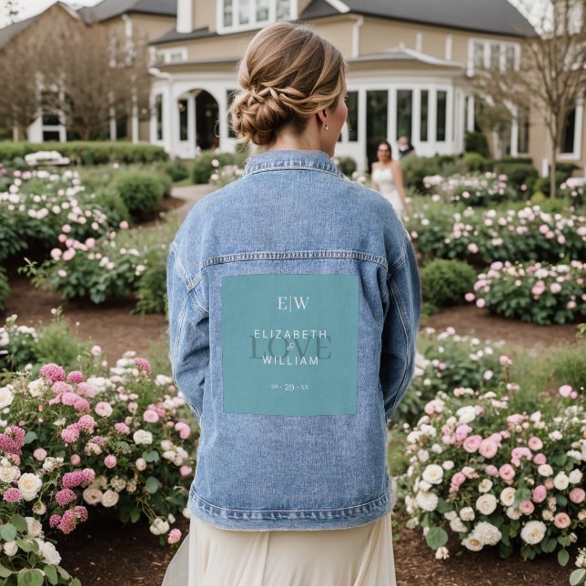Elegant Simple Retro Blue mit Monogram Wedding Jeansjacke (Hochzeit Rückseite)