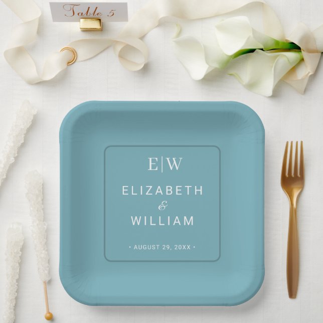 Elegant Simple Retro Blue mit Monogram Wedding Pappteller (Hochzeit)