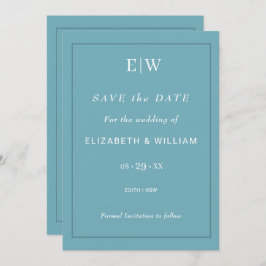 Elegant Simple Retro Blue mit Monogram Wedding Save The Date