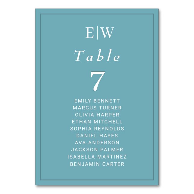 Elegant Simple Retro Blue mit Monogram Wedding Tischnummer (Vorderseite)