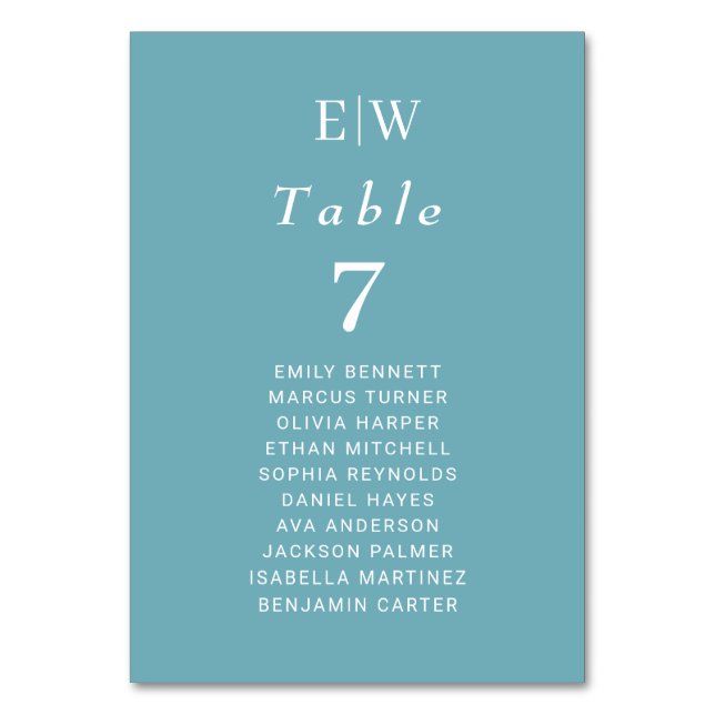 Elegant Simple Retro Blue mit Monogram Wedding Tischnummer (Vorderseite)