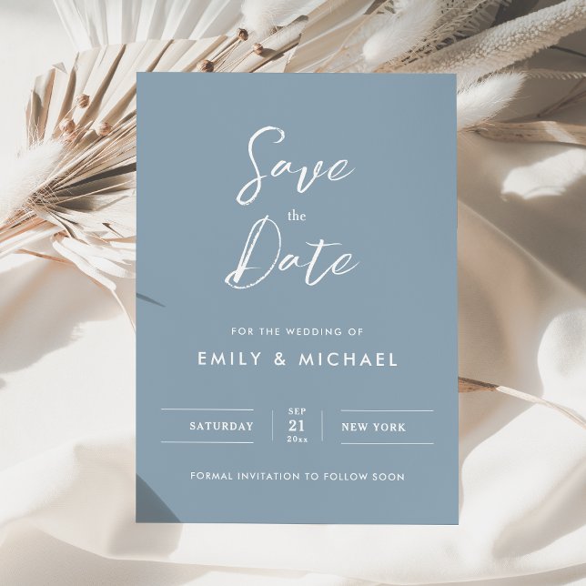 Elegant Simple Script Dusty Blue Wedding Save The Date (Minimalist simple dusty blue with white calligraphy - elegant and tasteful for your special day)