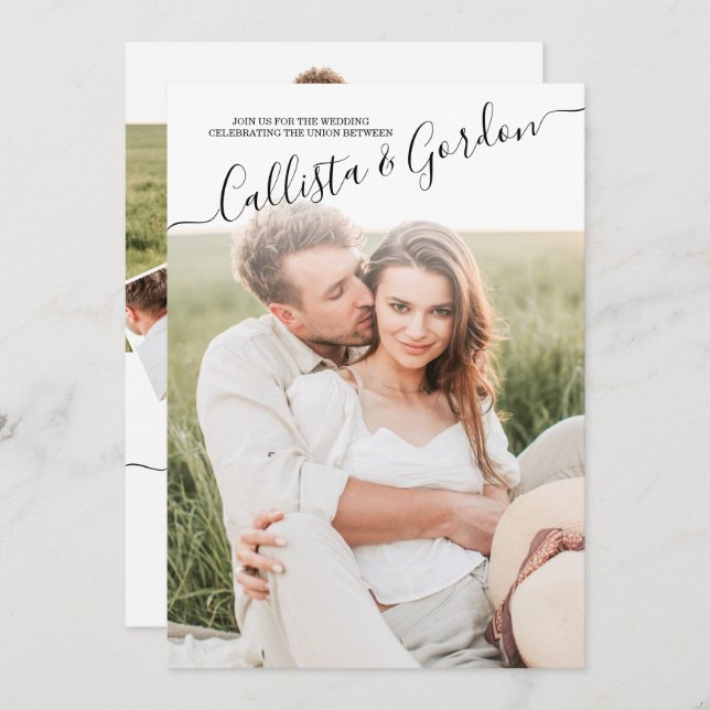 Elegant Simple Scripted Foto Collage Wedding Einladung (Vorne/Hinten)