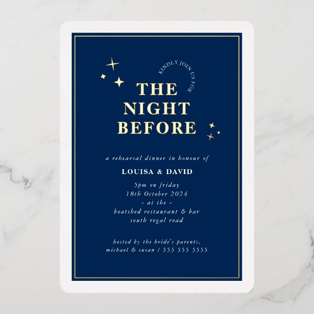 ELEGANT simple stars rehearsal dinner navy blue Folieneinladung (Vorderseite)