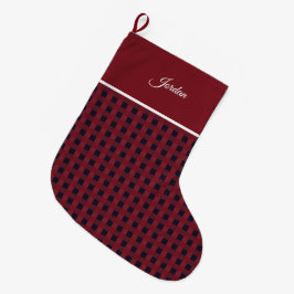 Elegant Simple Stylish Red Navy Gingham Name Großer Weihnachtsstrumpf