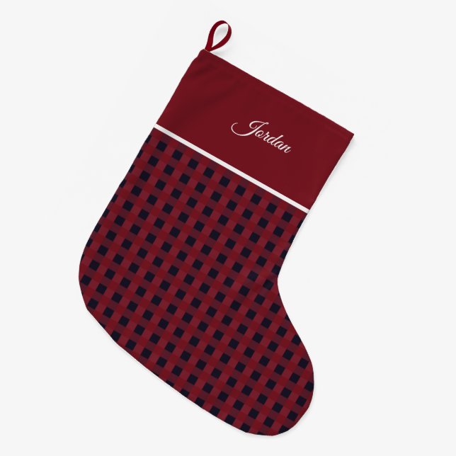 Elegant Simple Stylish Red Navy Gingham Name Großer Weihnachtsstrumpf (Vorderansicht (hängend))