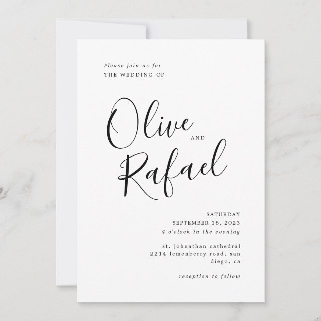 Elegant Simple Wedding Black Kalligraphie Einladung (Vorderseite)