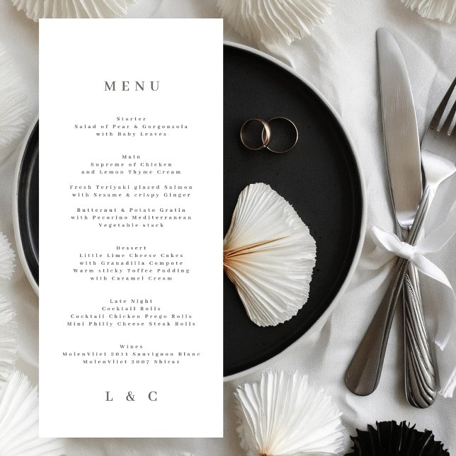 Elegant Simple White Monogram Wedding Menükarte (Von Creator hochgeladen)