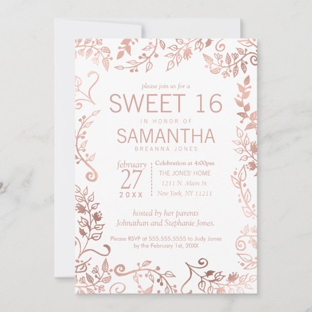 Elegant Simple White Rose Gold Floral Sweet 16 Einladung (Vorderseite)