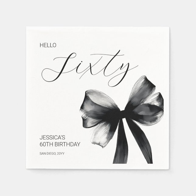 Elegant Sixty Script Schwarze Schleife 60. Geburts Serviette (Vorderseite)