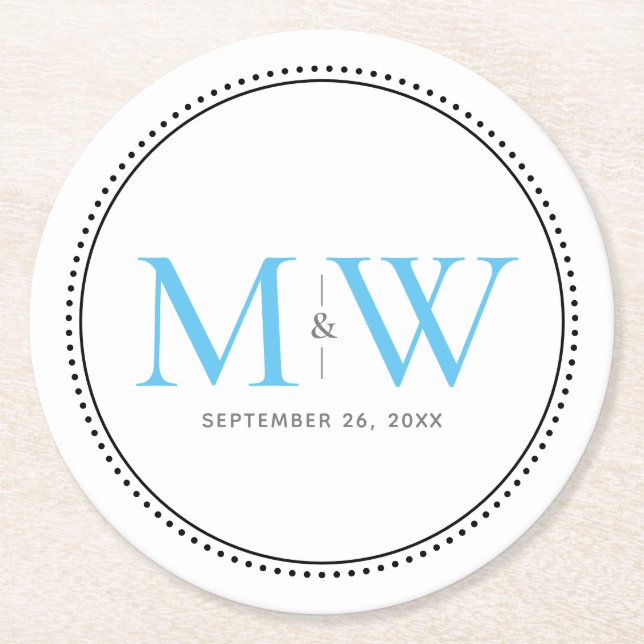 Elegant Sky Blue Monogram Wedding Runder Pappuntersetzer (Vorderseite)